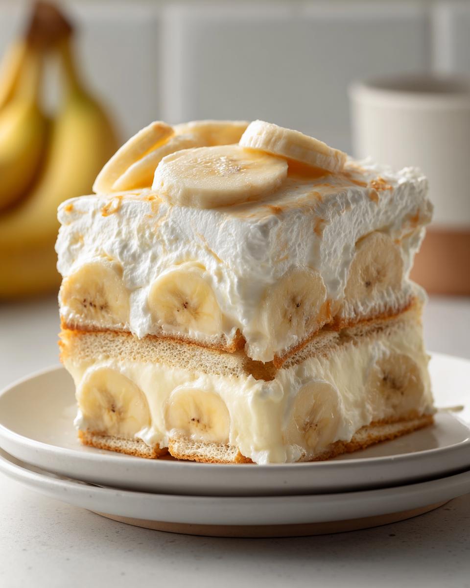 A tall, layered slice of Southern banana pudding featuring vanilla wafers, creamy filling, and fresh banana slices topped with whipped cream.