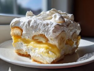 A generous slice of Southern banana pudding layered with vanilla wafers, creamy pudding, bananas, and topped with whipped cream.