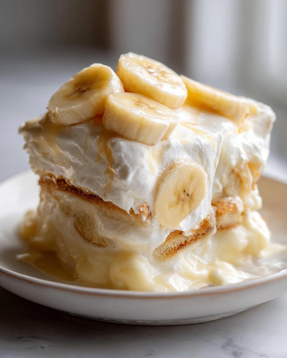 A tall, creamy slice of Southern banana pudding topped with fresh banana slices and whipped cream.