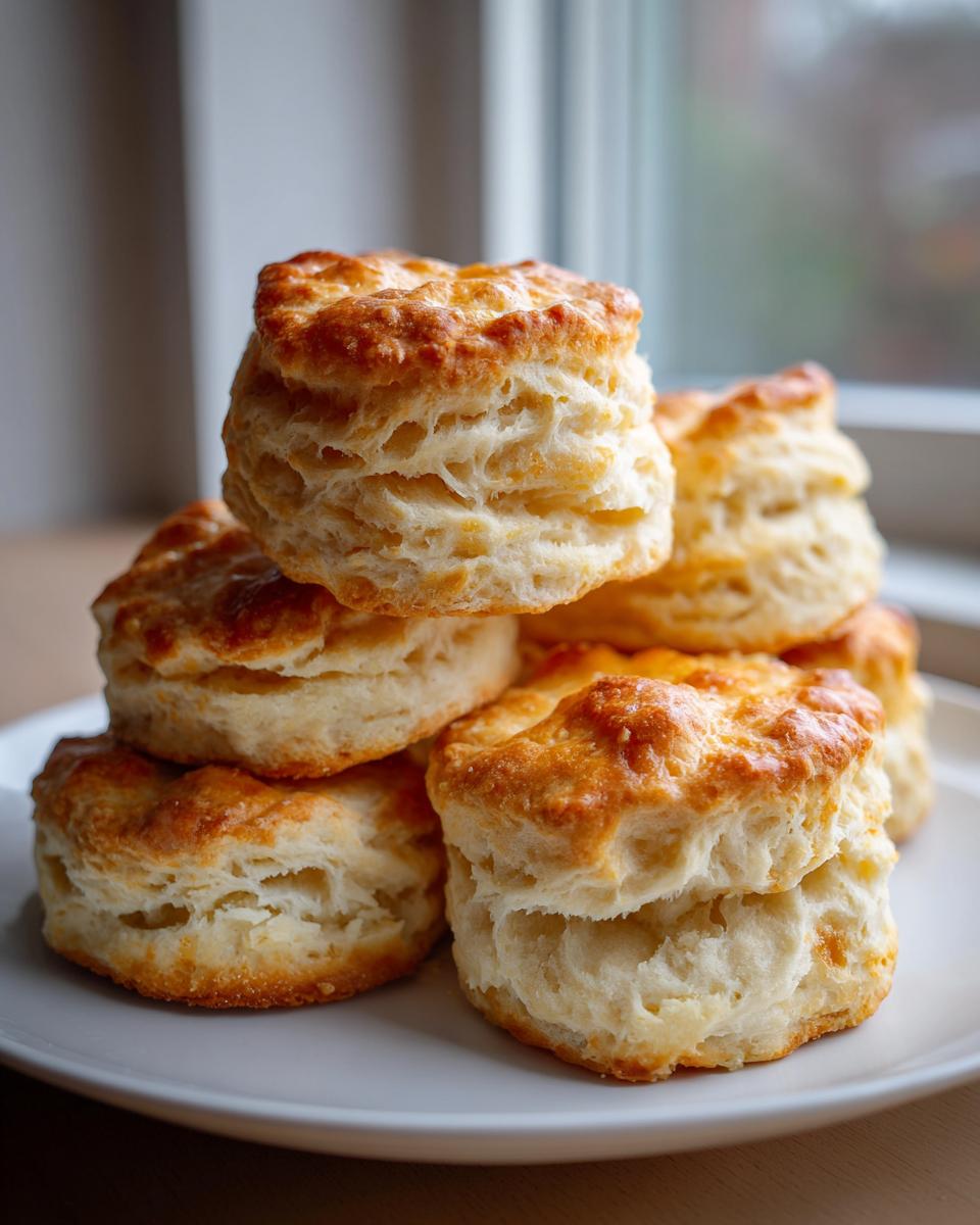 A stack of tall, flaky Southern buttermilk biscuits with golden brown tops on a white plate.