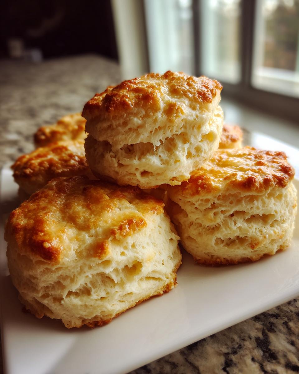 A stack of golden-brown, flaky Southern buttermilk biscuits piled on a white plate.