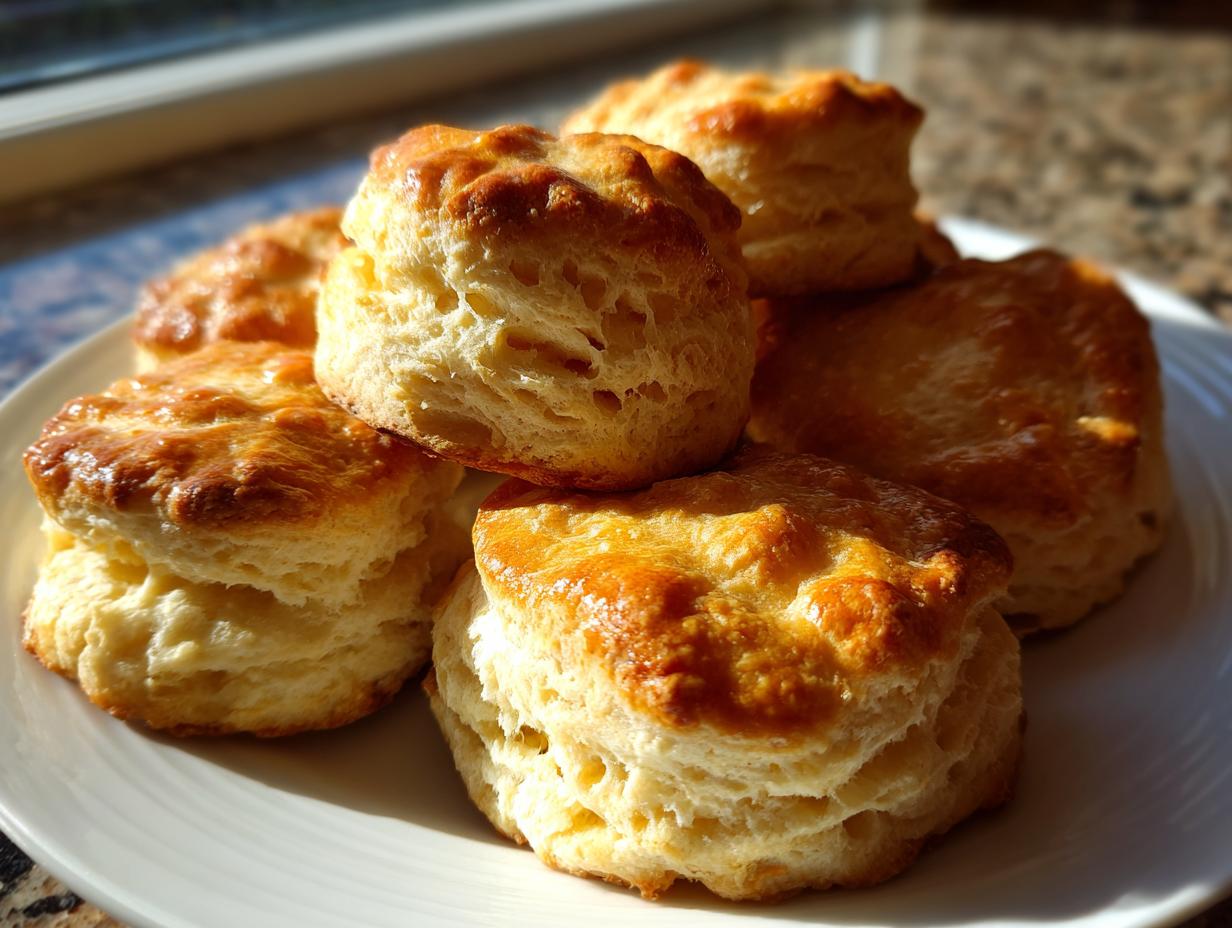 A stack of freshly baked, golden-brown Southern buttermilk biscuits piled high on a white plate.