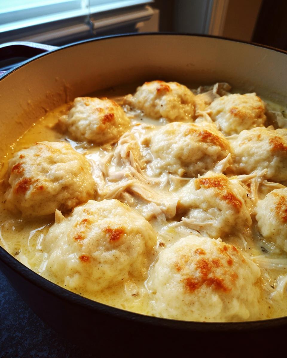 Close-up of fluffy, golden-topped dumplings nestled in creamy broth with shredded chicken for Southern chicken and dumplings.