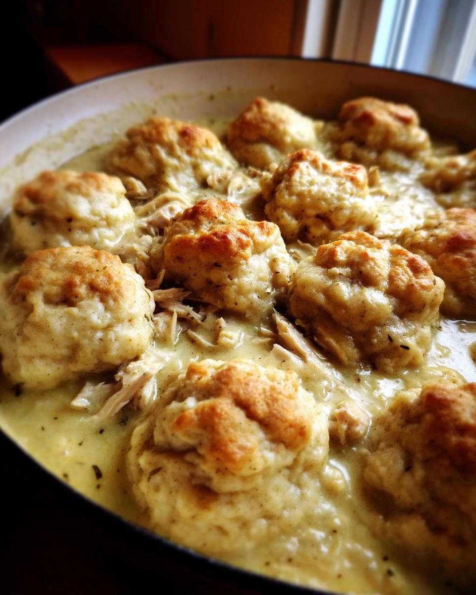 Close-up of fluffy, golden-topped dumplings nestled in creamy gravy with shredded chicken, showcasing amazing Southern chicken and dumplings.