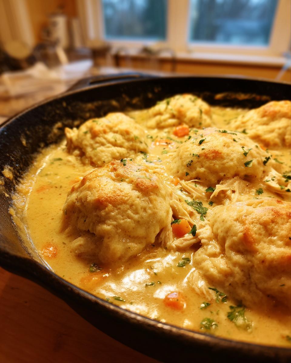 Close-up of fluffy dumplings simmering in creamy gravy with shredded chicken, a perfect Southern chicken and dumplings dish.
