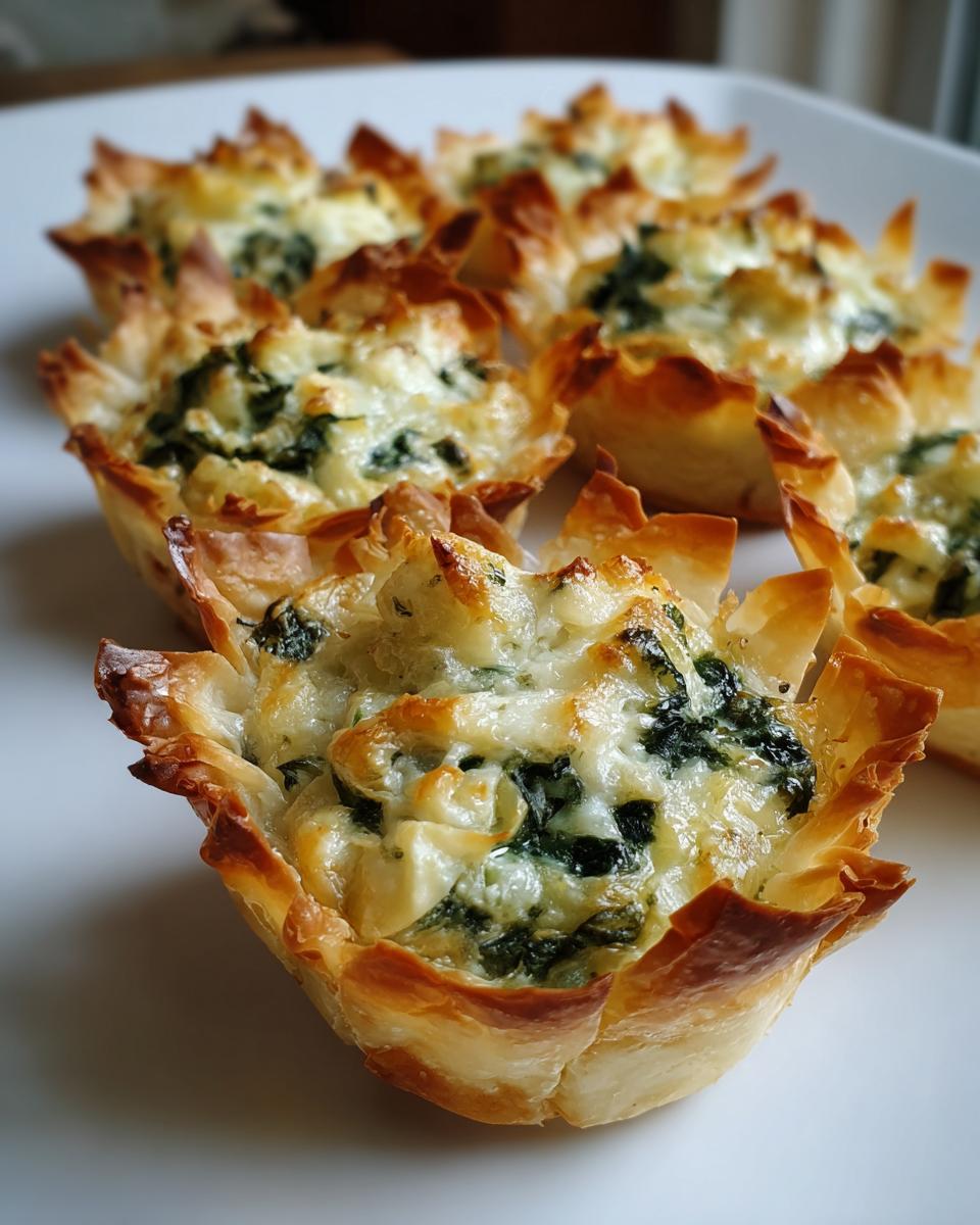 Close-up of baked Spinach and artichoke phyllo cups with crispy edges and cheesy filling.