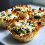 Close-up of baked spinach and artichoke phyllo cups with crispy edges and cheesy filling.