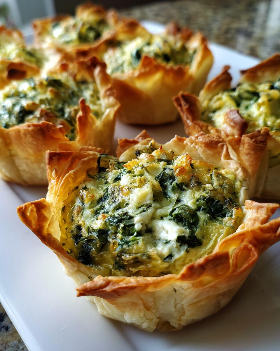 Close-up of flaky Spinach and artichoke phyllo cups filled with creamy spinach and cheese mixture.