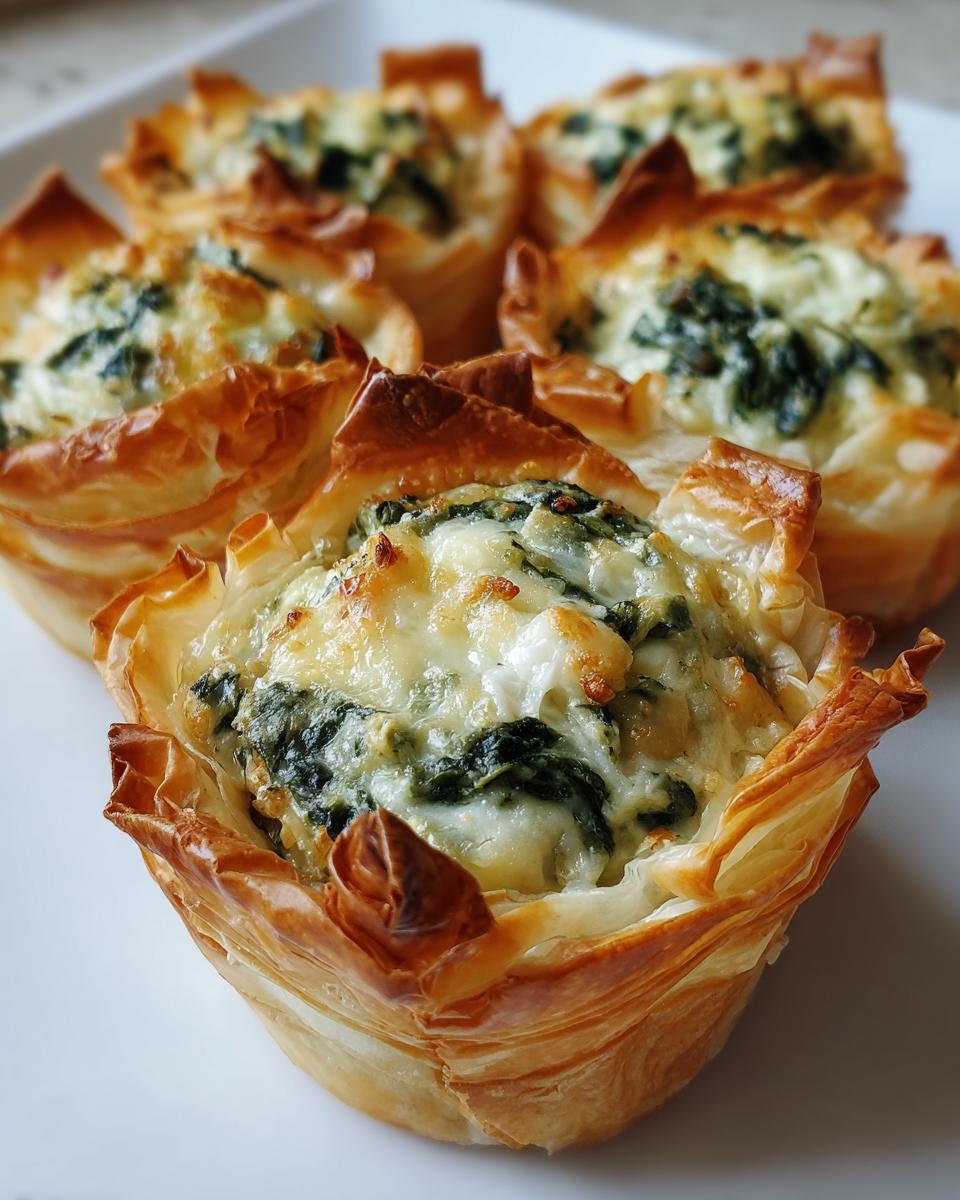 Close-up of baked Spinach and artichoke phyllo cups with melted cheese topping on a white plate.