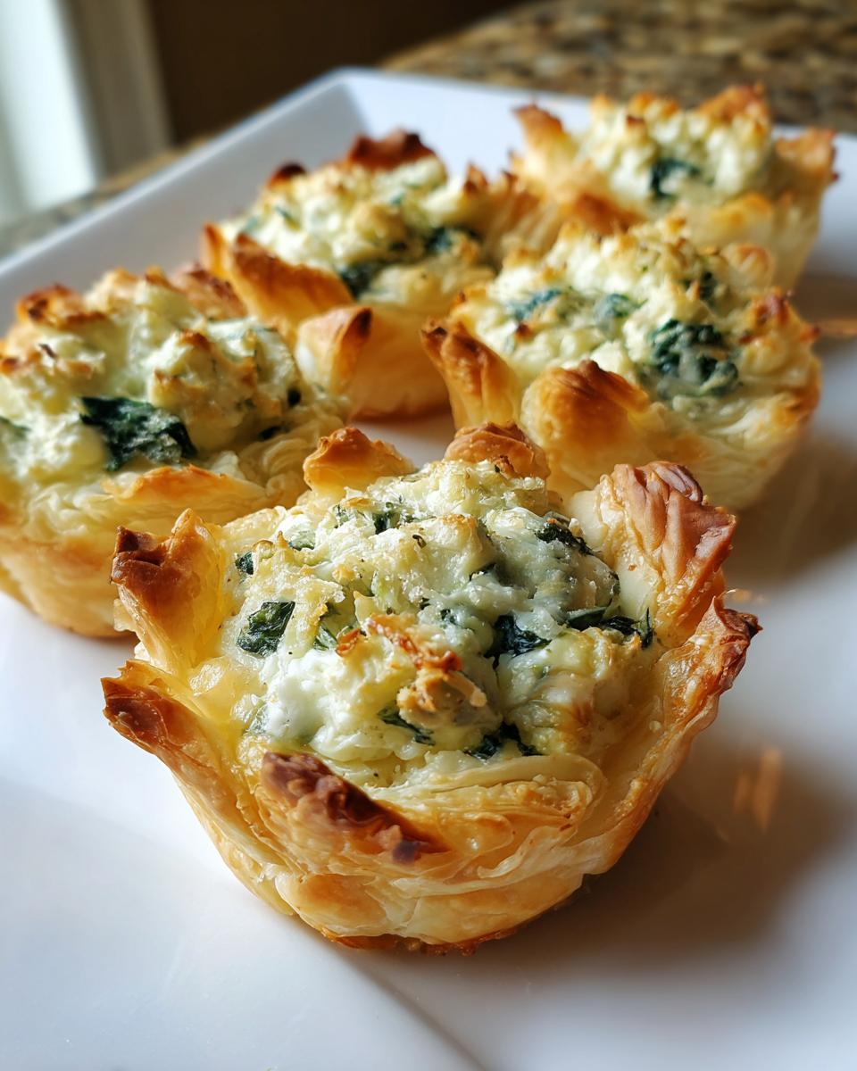 Close-up of golden, flaky Spinach and artichoke phyllo cups filled with creamy cheese and spinach mixture.
