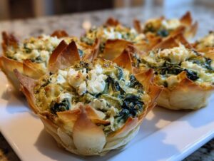 A close-up of several golden brown Spinach and artichoke phyllo cups filled with creamy spinach mixture and feta cheese.