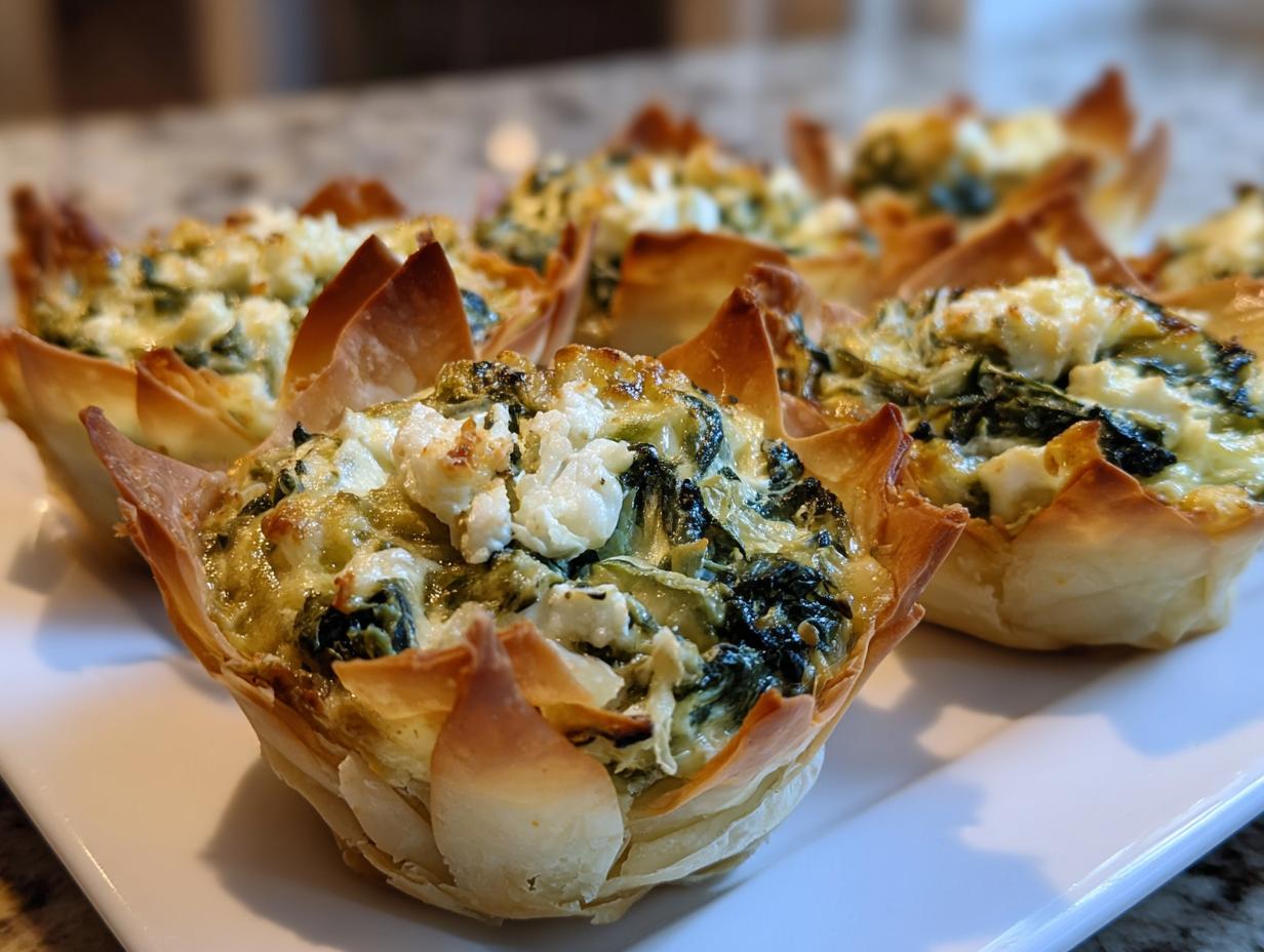 A close-up of several golden brown Spinach and artichoke phyllo cups filled with creamy spinach mixture and feta cheese.