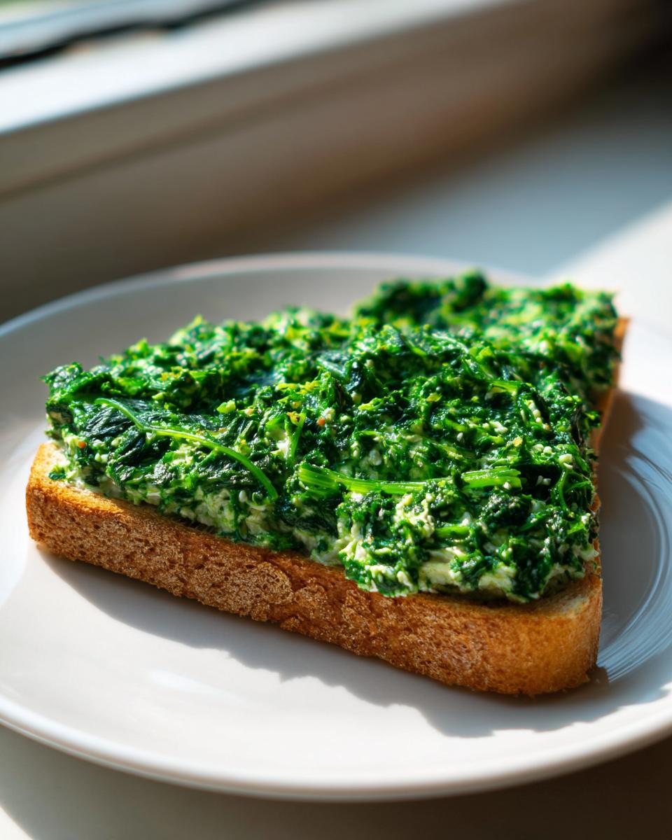 A slice of toasted bread topped generously with a creamy, bright green spinach mixture, resembling a variation of the Benedictine sandwich filling.