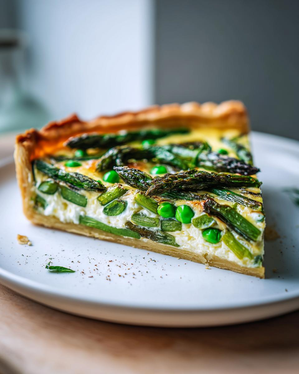 A close-up slice of a vibrant Spring vegetable tart featuring asparagus spears and bright green peas in a creamy filling.