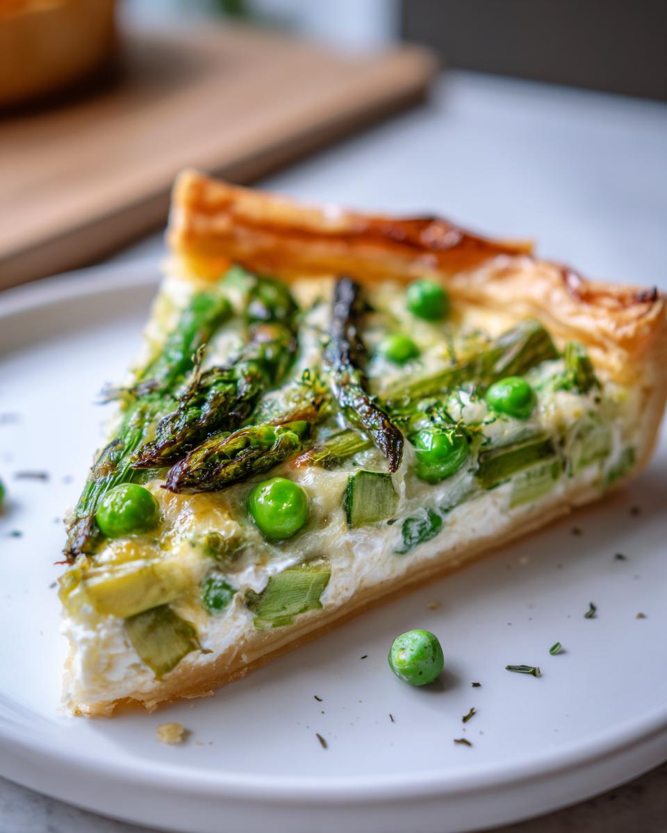 Close-up of a slice of Spring vegetable tart featuring bright green asparagus spears and peas in a creamy filling.