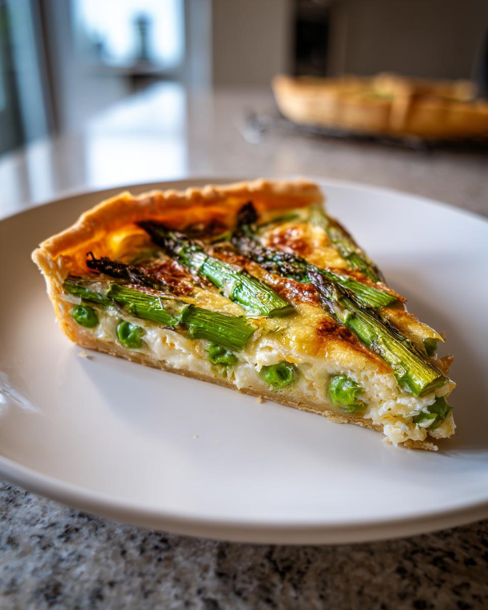 A close-up of a slice of Spring vegetable tart featuring bright green asparagus spears and peas in a creamy filling.