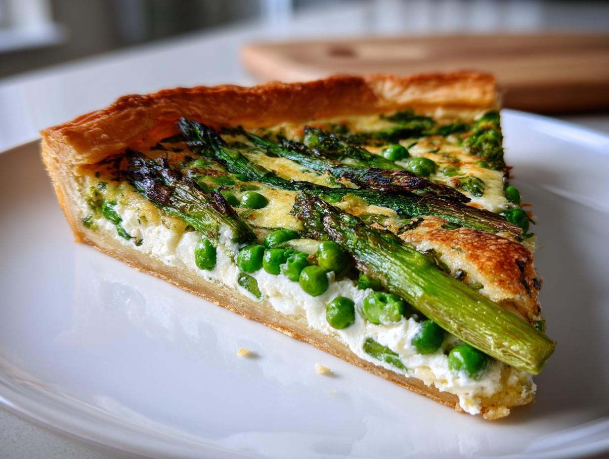 A close-up slice of a golden-crusted Spring vegetable tart filled with ricotta, bright green peas, and roasted asparagus spears.