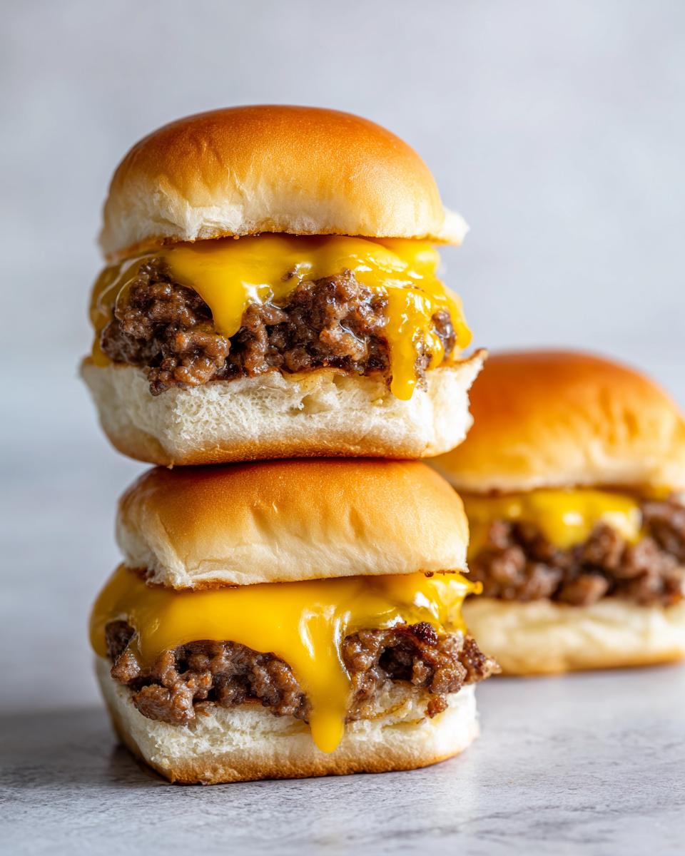 A stack of two irresistible cheeseburger sliders topped with gooey, melted American cheese.