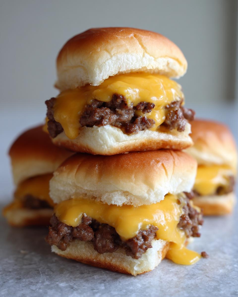 A stack of two delicious cheeseburger sliders topped with gooey melted American cheese, with more sliders blurred in the background.
