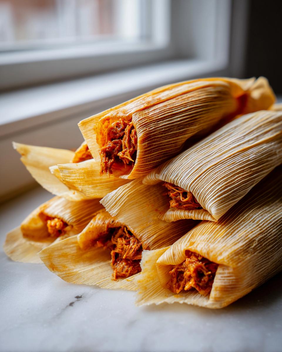 A stack of freshly made tamales wrapped in corn husks, showing the savory, shredded red filling peeking out.