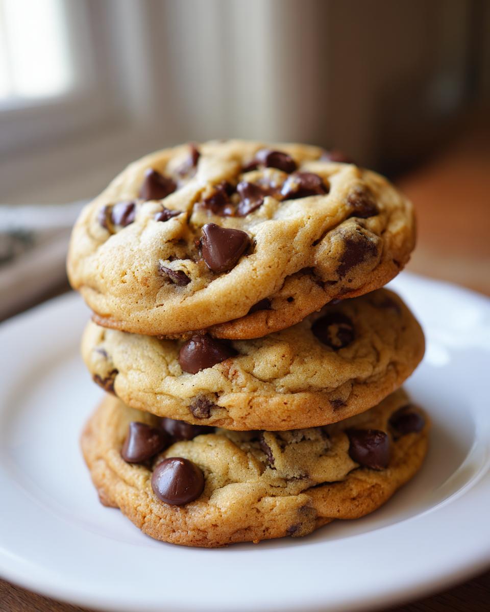 A stack of three perfectly baked soft batch chocolate chip cookies resting on a white plate.