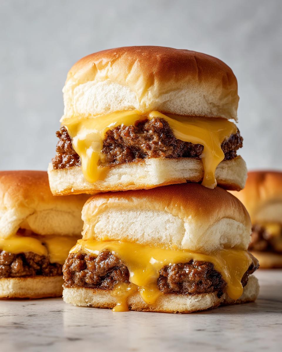 A close-up stack of two delicious cheeseburger sliders with gooey, melted cheese dripping over the seasoned meat.