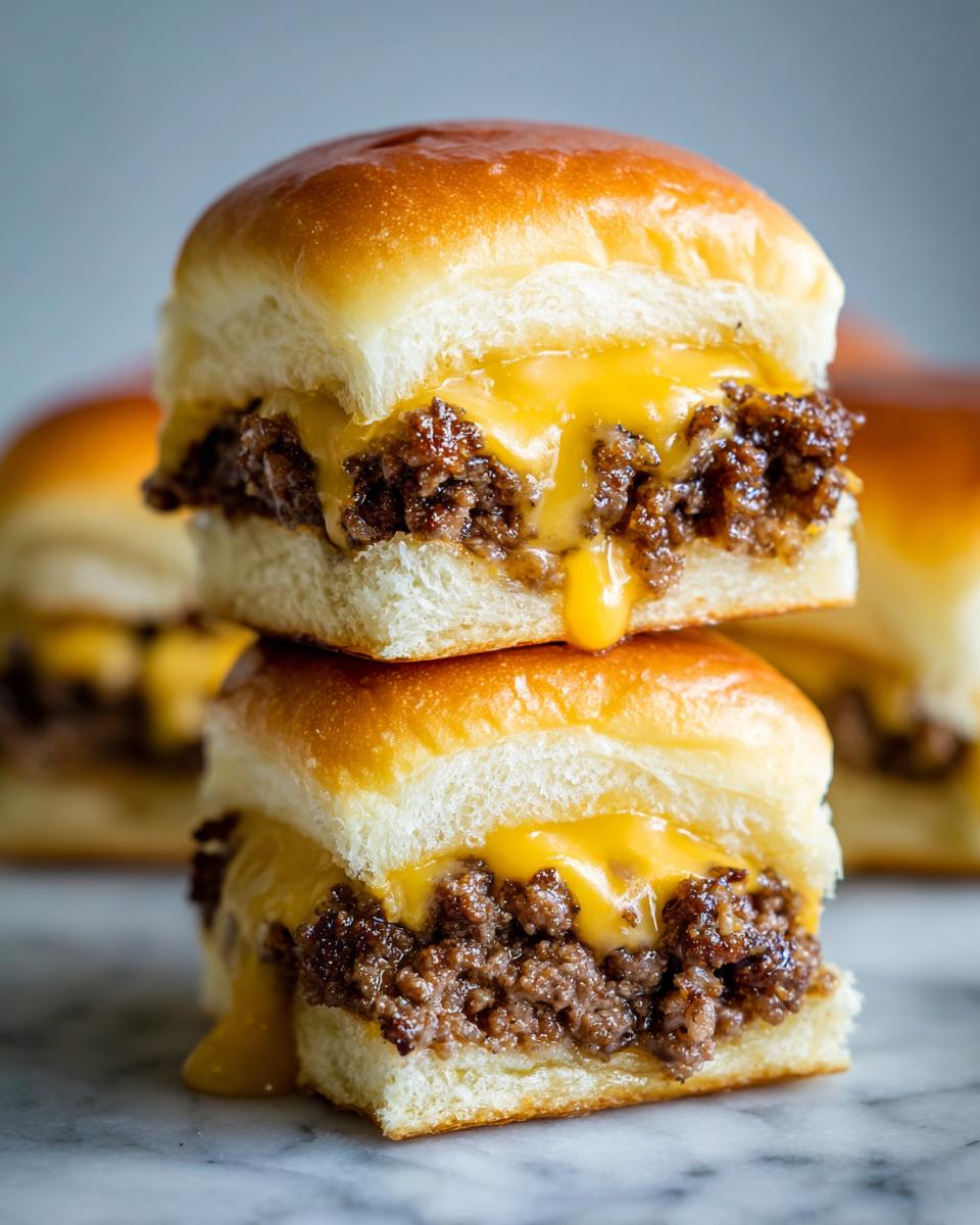 Two stacked, gooey cheeseburger sliders featuring seasoned ground beef and melted American cheese on soft buns.