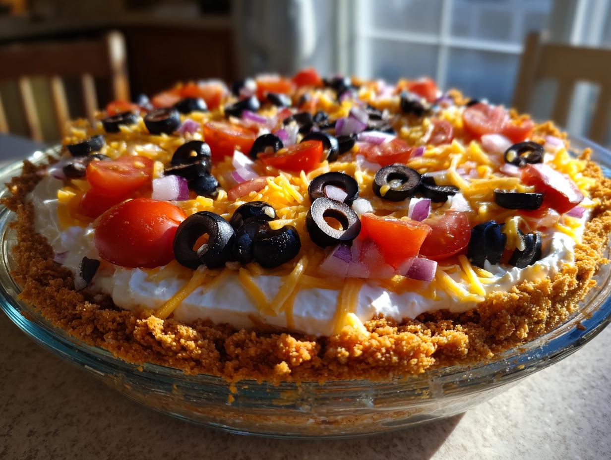 Close-up of the Amazing Star Spangled Layer Dip featuring a crumb crust, cream cheese layer, shredded cheese, olives, tomatoes, and red onion.