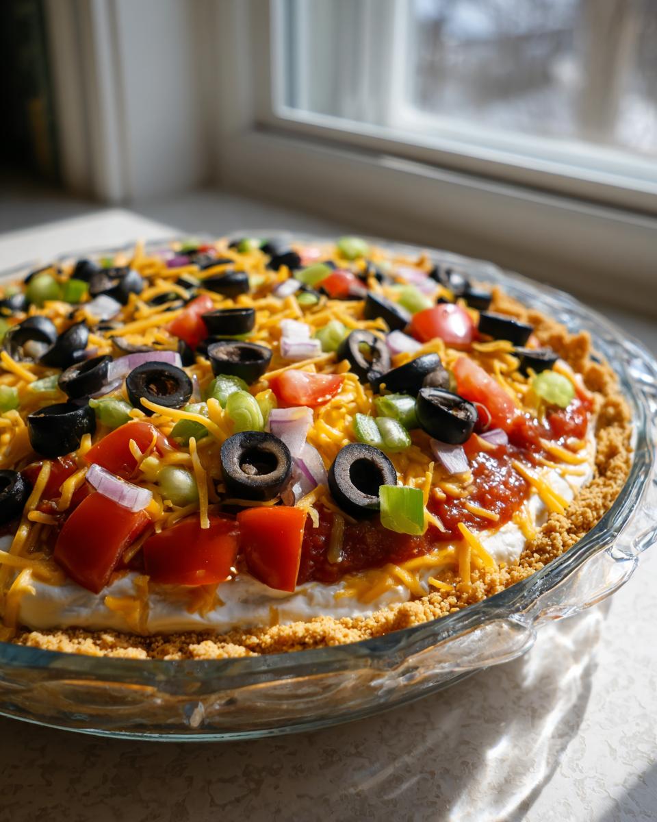 A fully assembled Star spangled layer dip featuring layers of cream cheese, salsa, cheese, olives, tomatoes, and onions in a glass pie dish.