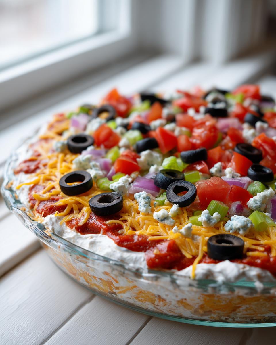 A vibrant, layered dip featuring red sauce, cheese, olives, tomatoes, and blue cheese, representing the Star spangled layer dip.