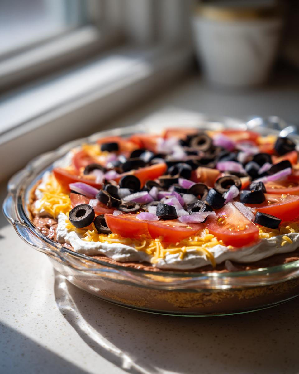 A fully assembled Star spangled layer dip topped with tomatoes, olives, onions, and cheese in a clear pie dish.