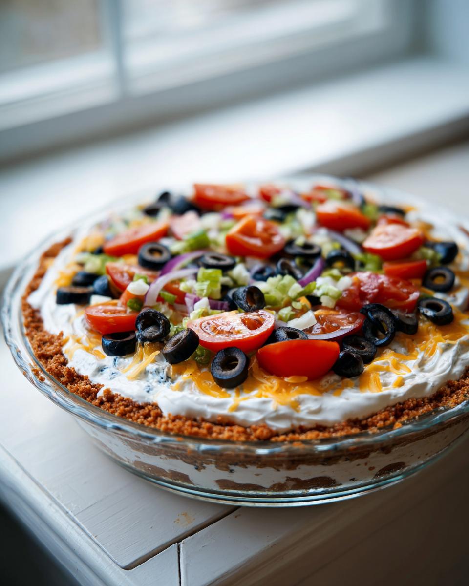A close-up of the Amazing Star spangled layer dip, topped with tomatoes, olives, and cheese, in a clear glass pie dish.