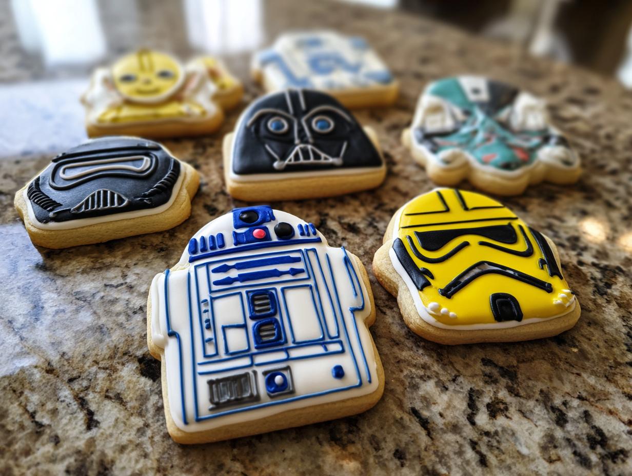 A close-up of several decorated Star Wars sugar cookies featuring R2-D2, Darth Vader, and various troopers.