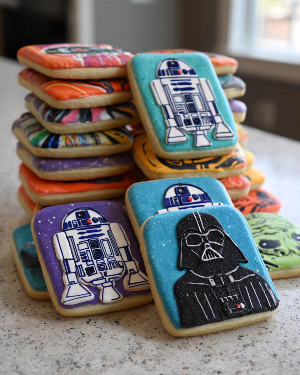 A close-up of stacked, rectangular Star Wars sugar cookies featuring R2-D2 and Darth Vader designs.