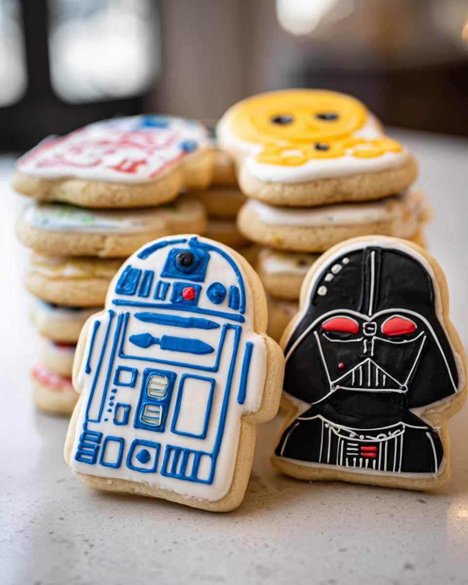 Close-up of decorated Star Wars sugar cookies featuring R2-D2 and Darth Vader characters.