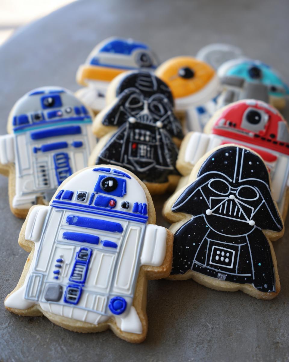 A close-up of several decorated Star Wars sugar cookies featuring R2-D2 and Darth Vader designs.