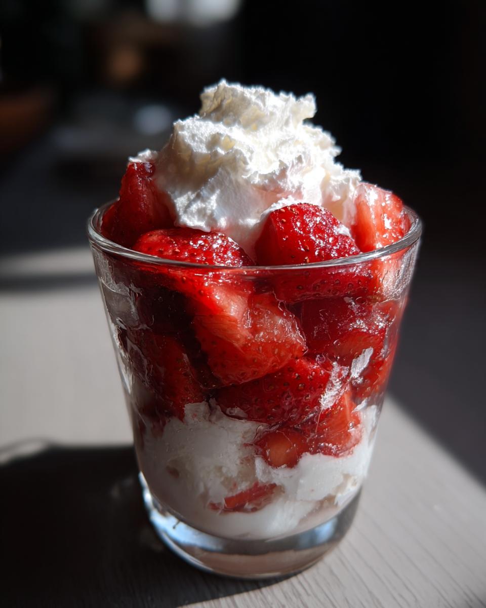 Close-up of a glass filled with layers of fresh strawberries, cream, and topped with whipped cream for a National Strawberries and Cream Day recipe.