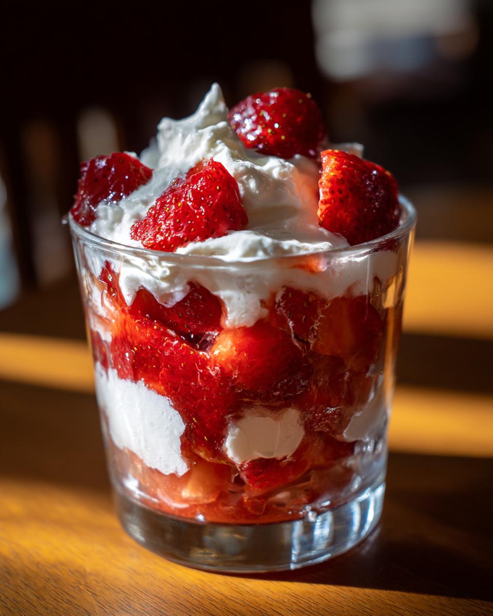 A glass filled with layered strawberries and whipped cream, perfect for National Strawberries and Cream Day recipe.
