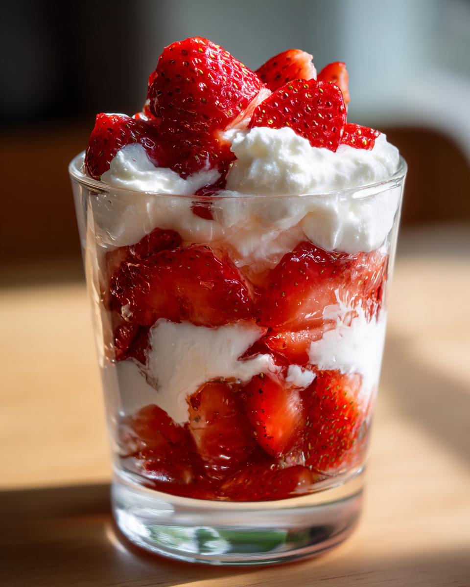 Close-up of a glass filled with layers of macerated strawberries and whipped cream for a National Strawberries and Cream Day recipe.