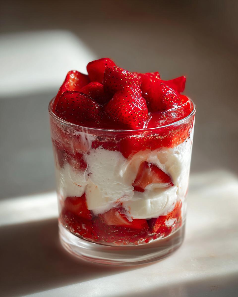 Close-up of a glass layered with macerated strawberries and thick cream for a National Strawberries and Cream Day recipe.