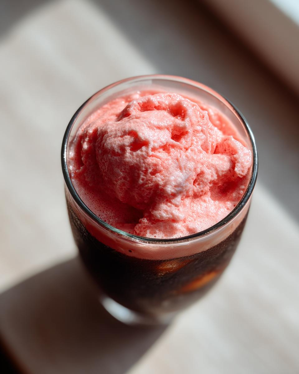 Overhead view of a glass topped with thick, vibrant pink strawberry cold foam sitting on dark iced coffee.