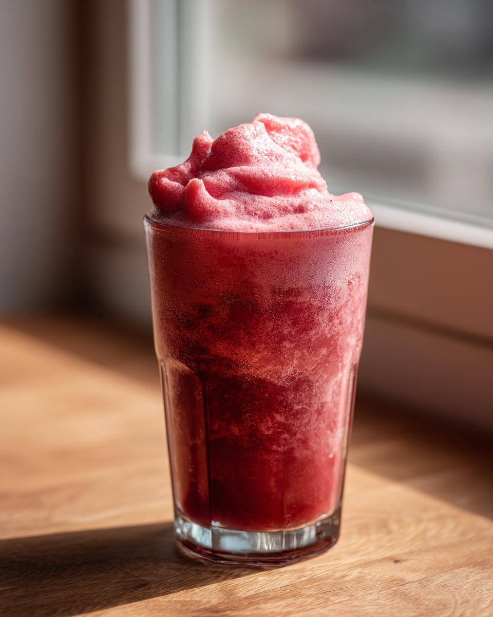 Close-up of a vibrant, blended drink topped with a mound of fluffy pink strawberry cold foam.