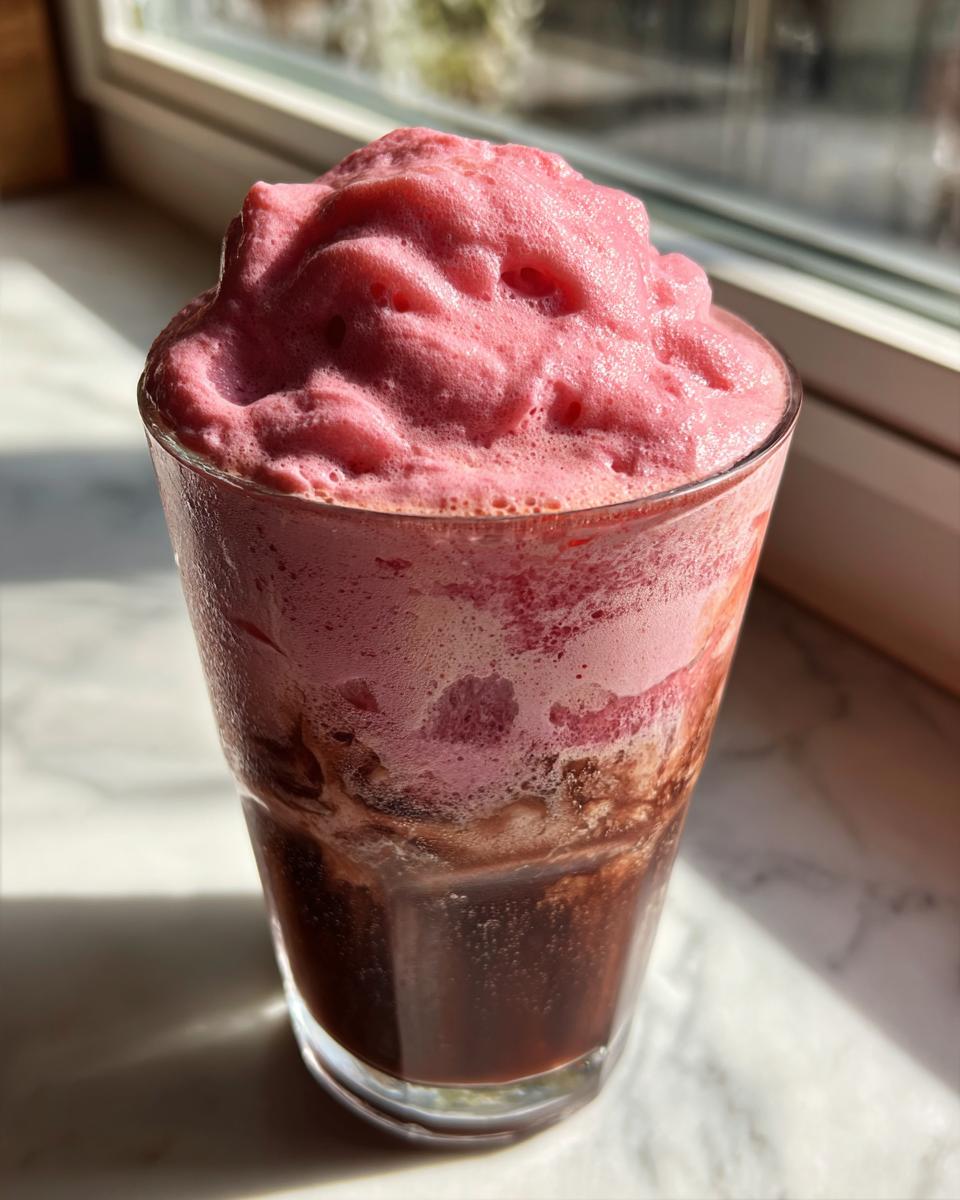 A tall glass topped with a massive mound of bright pink strawberry cold foam over a dark beverage.
