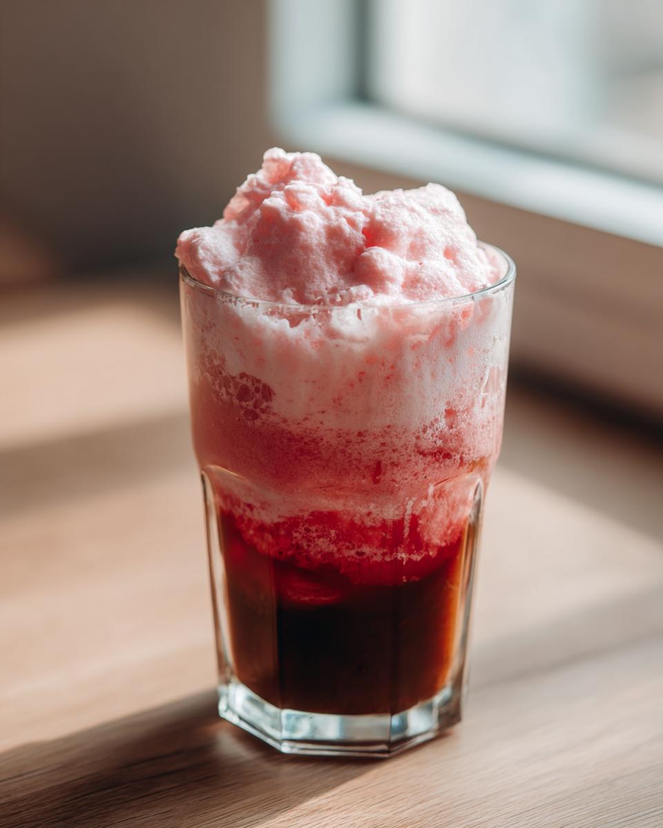 A tall glass topped with a generous mound of fluffy pink strawberry cold foam floating above a dark red liquid.