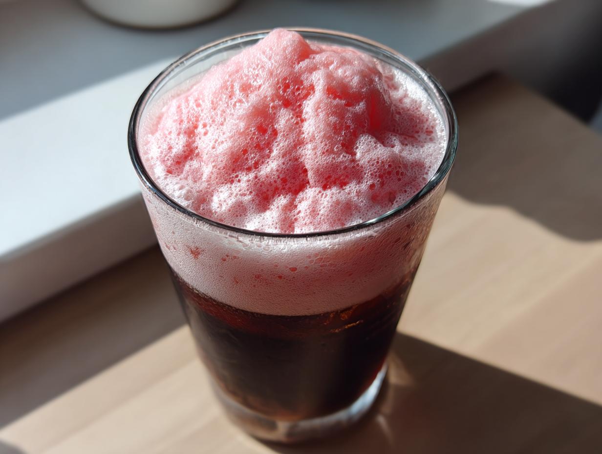 Close-up of a tall glass topped with thick, bright pink strawberry cold foam over a dark beverage.