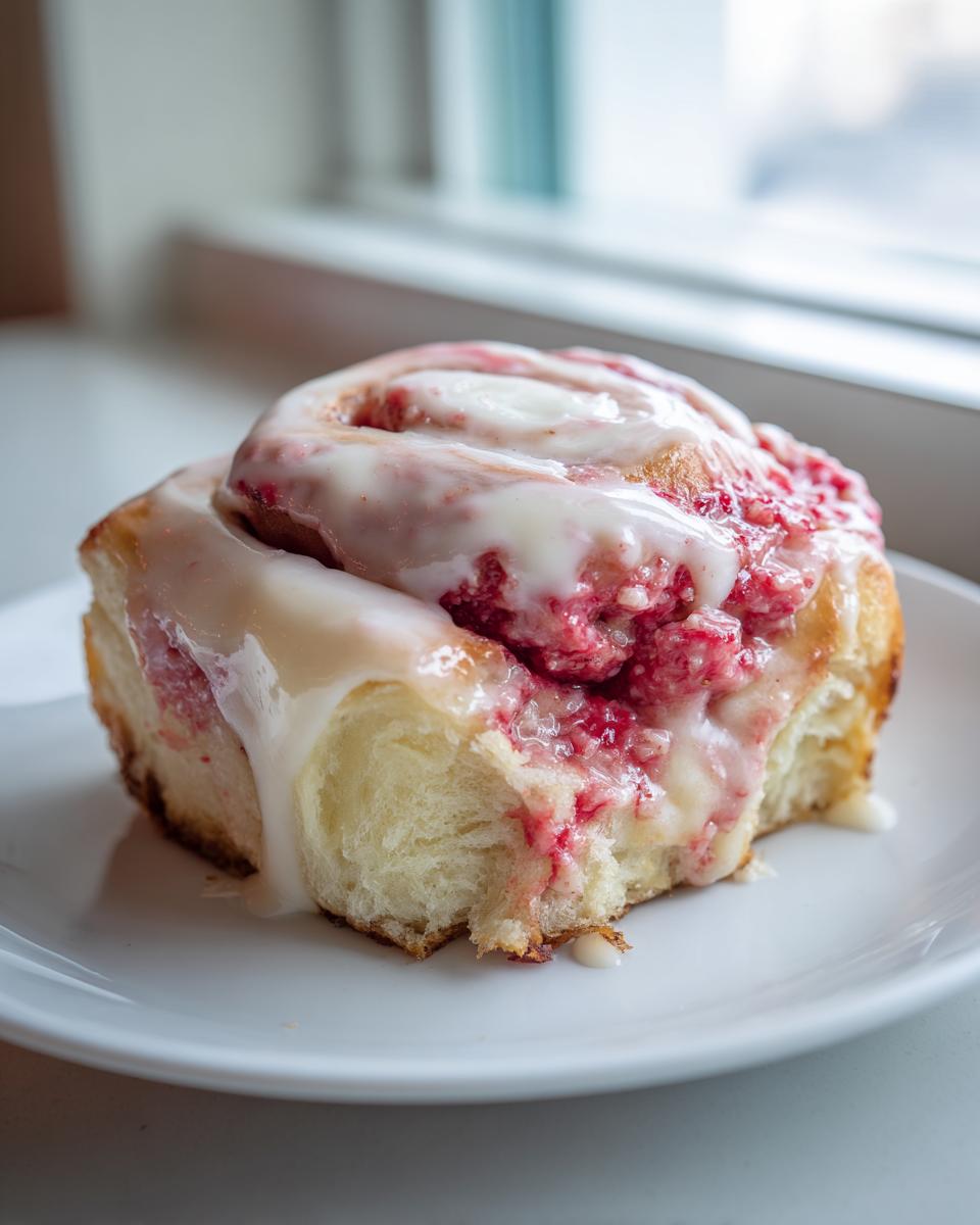 A close-up of a single, fluffy Strawberry crunch cinnamon rolls topped with white glaze and visible strawberry filling.
