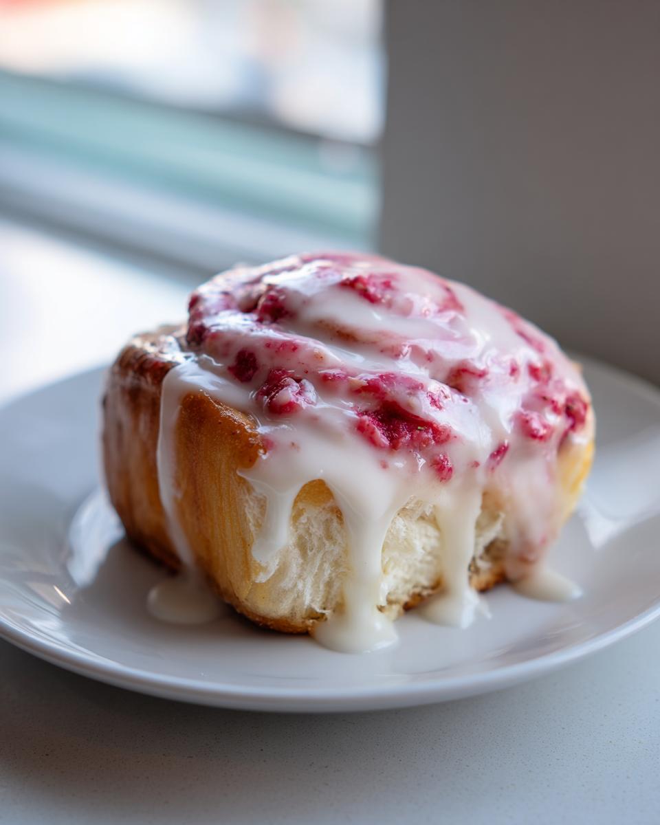 A single, fluffy Strawberry crunch cinnamon roll topped with white icing and pink strawberry crunch pieces, resting on a white plate.