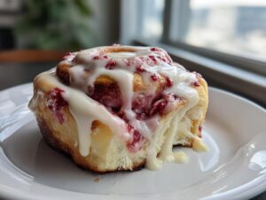A close-up of one decadent Strawberry crunch cinnamon rolls, generously topped with white icing and visible strawberry filling.