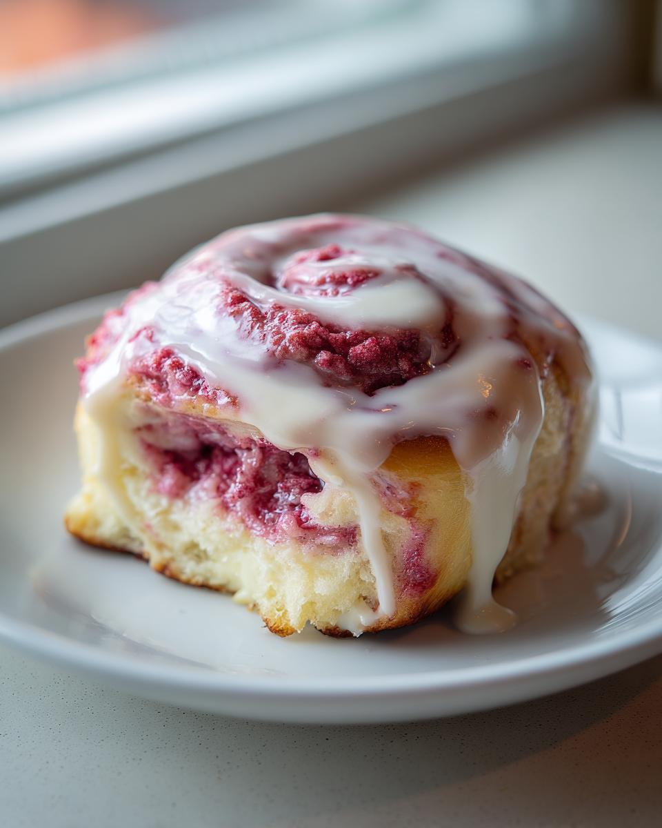 Close-up of a single Strawberry crunch cinnamon rolls, drizzled with white icing, sitting on a white plate.