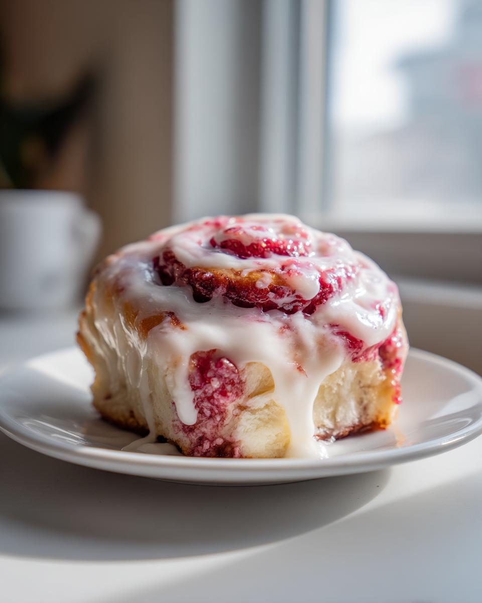 A single, fluffy Strawberry crunch cinnamon rolls topped generously with white icing, sitting on a white plate.